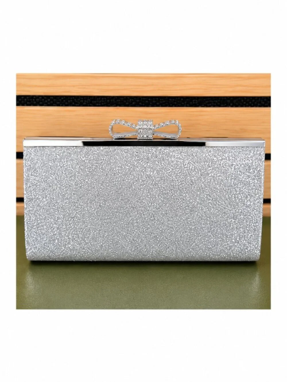 INC International Concepts Silver Glitter Bow Minaudière Clutch